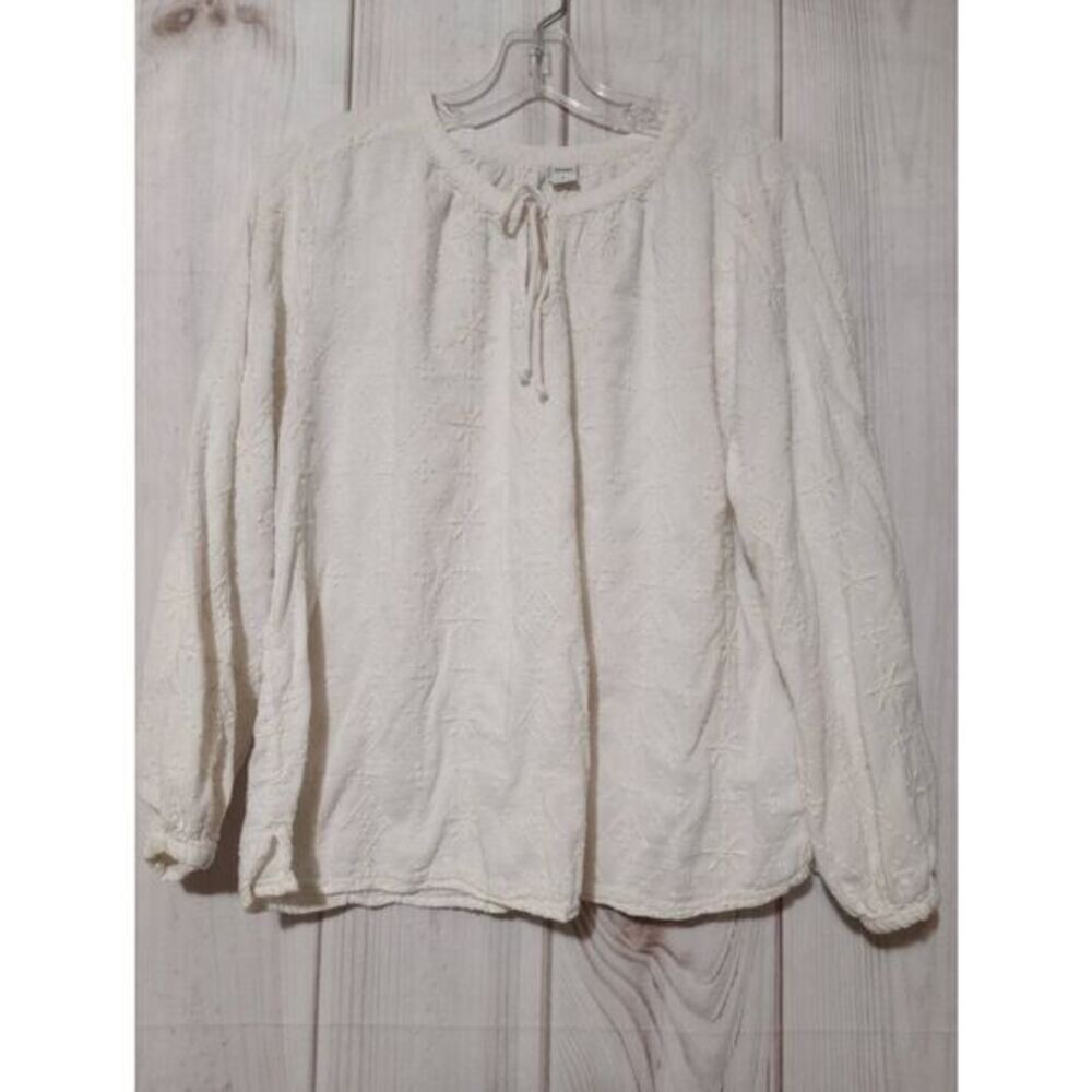 Old Navy White Eyelet Embroidered Peasant Blouse Long Sleeve Tie Neck Top Large